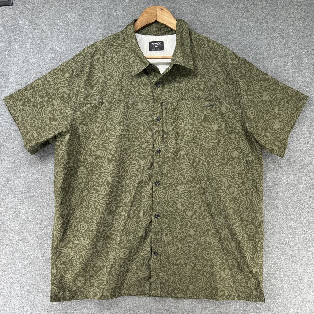 Hurley Shirt Mens 2XL Green Abstract Print Vented Back Zip Pocket Short Sleeve